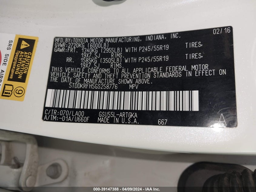 2016 TOYOTA HIGHLANDER LIMITED PLATINUM V6 - 5TDDKRFH5GS258776