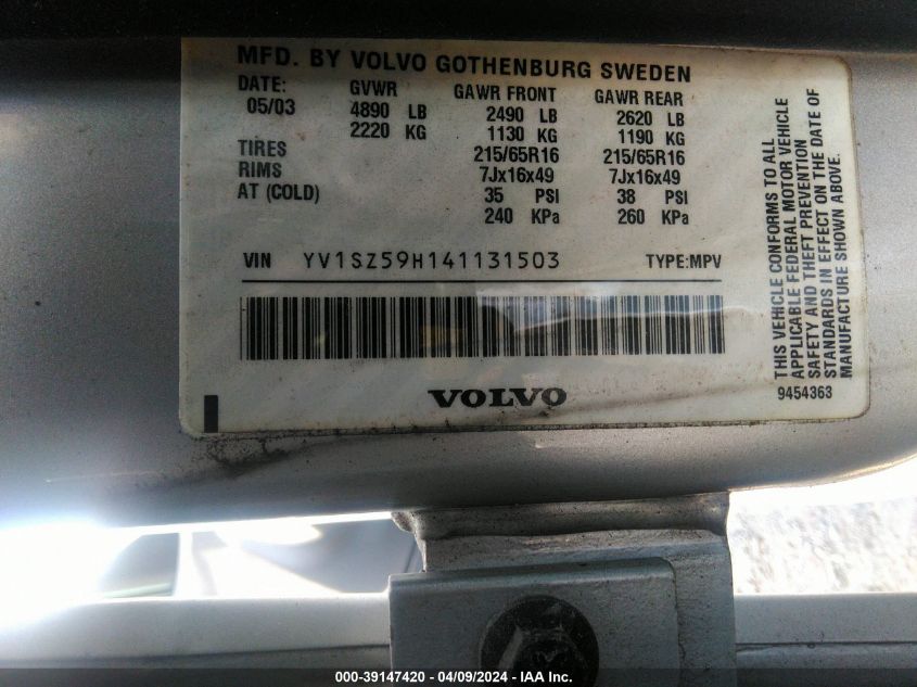 YV1SZ59H141131503 | 2004 VOLVO XC70