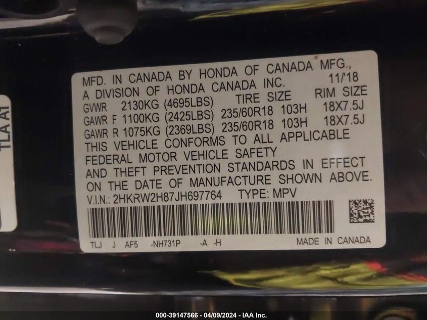 2018 HONDA CR-V EX-L/EX-L NAVI - 2HKRW2H87JH697764