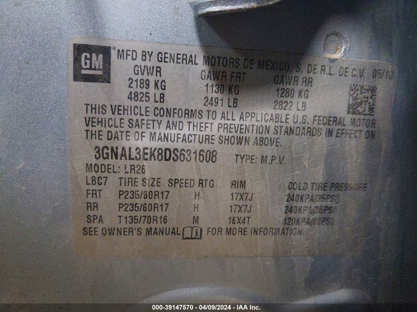 2013 CHEVROLET CAPTIVA SPORT LT - 3GNAL3EK8DS631608