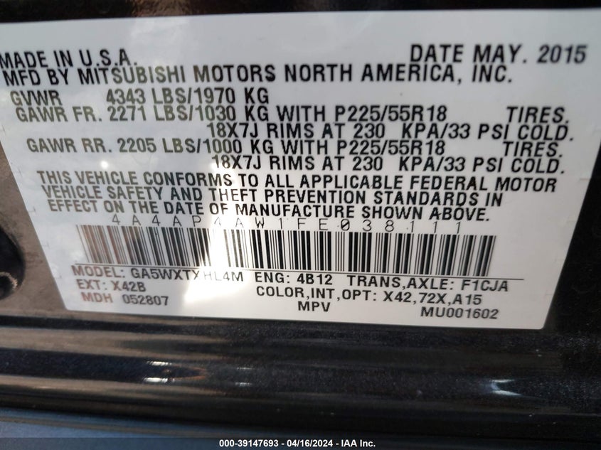 2015 MITSUBISHI OUTLANDER SPORT GT - 4A4AP4AW1FE038111