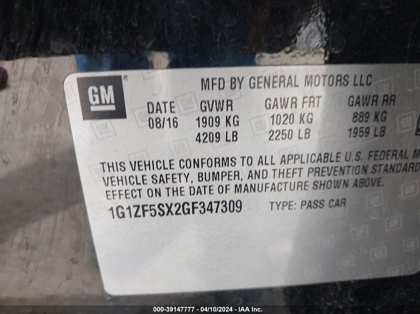 2016 CHEVROLET MALIBU 2LT - 1G1ZF5SX2GF347309