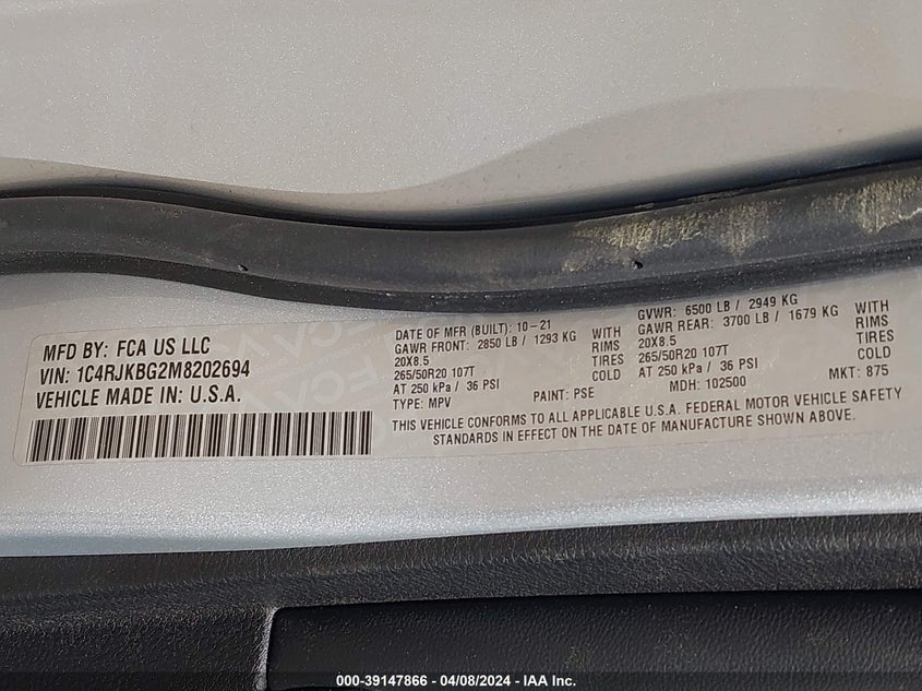 2021 JEEP GRAND CHEROKEE L LIMITED 4X4 - 1C4RJKBG2M8202694