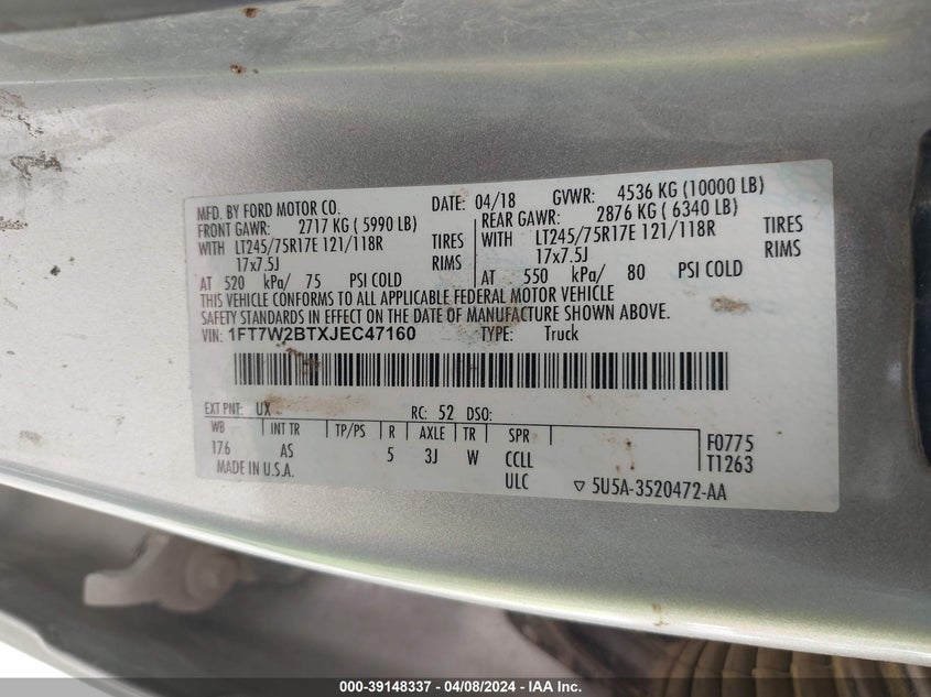2018 FORD F-250 XL - 1FT7W2BTXJEC47160