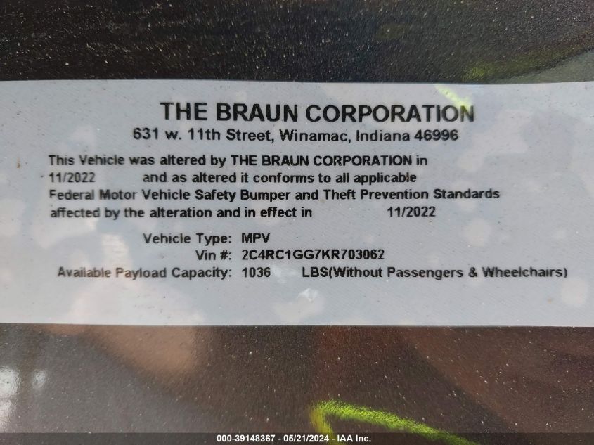 2019 Chrysler Pacifica Limited VIN: 2C4RC1GG7KR703062 Lot: 39148367