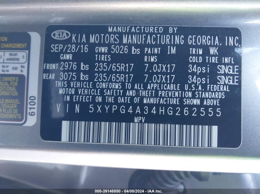 5XYPG4A34HG262555 2017 Kia Sorento 2.4L Lx