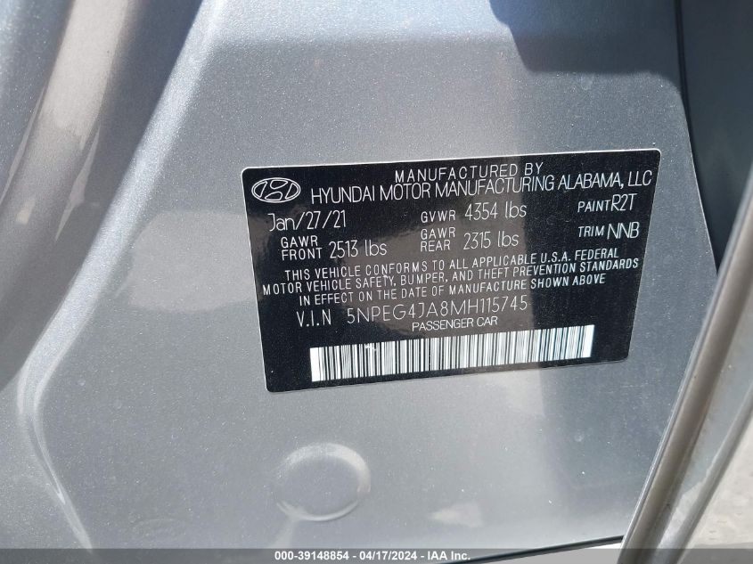 2021 Hyundai Sonata Se VIN: 5NPEG4JA8MH115745 Lot: 39148854