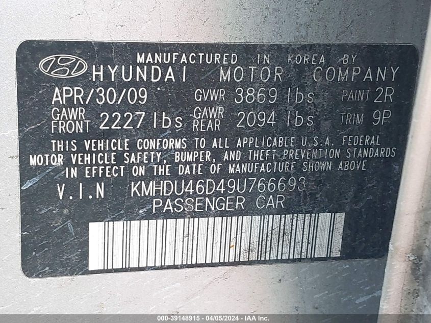 KMHDU46D49U766693 | 2009 HYUNDAI ELANTRA