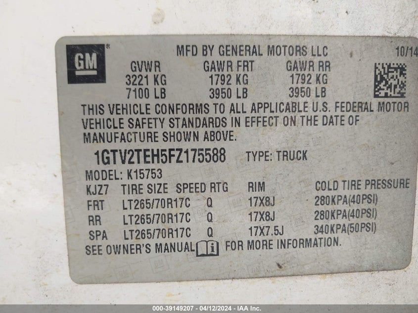 2015 GMC SIERRA 1500 K1500 - 1GTV2TEH5FZ175588