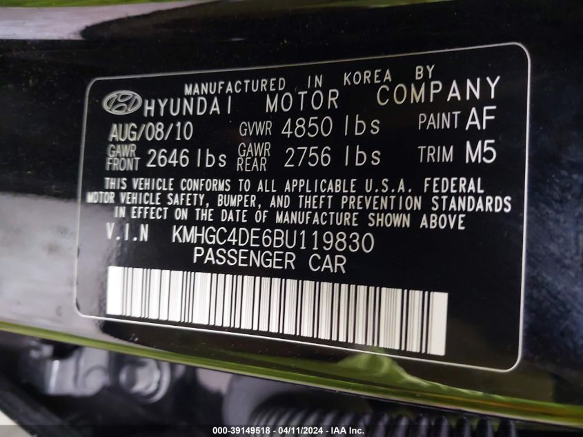 KMHGC4DE6BU119830 2011 Hyundai Genesis 3.8