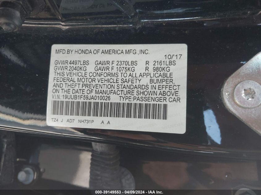 19UUB1F59JA010026 2018 Acura Tlx Tech Pkg