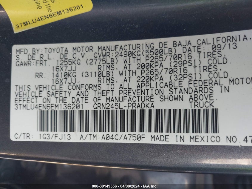 2014 TOYOTA TACOMA BASE V6 - 3TMLU4EN6EM136201