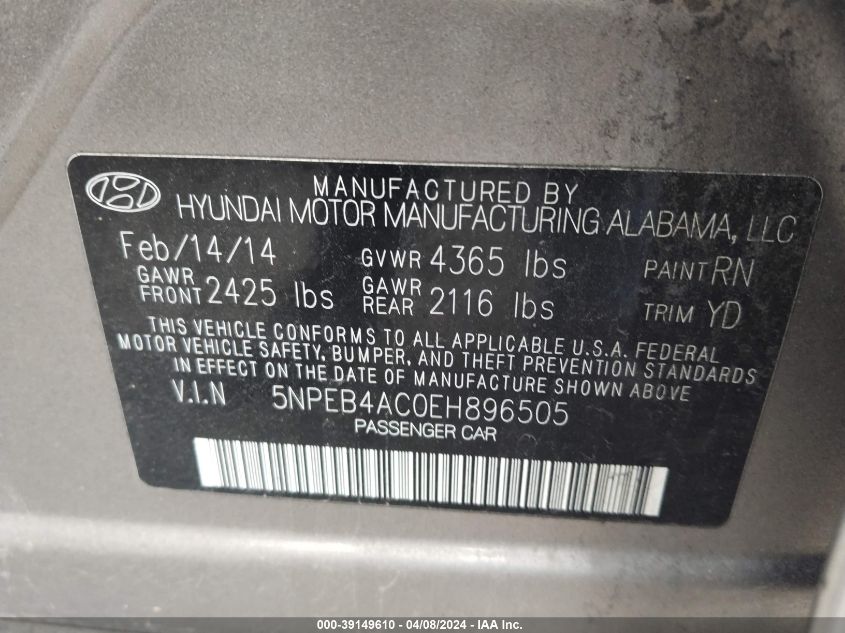 5NPEB4AC0EH896505 | 2014 HYUNDAI SONATA