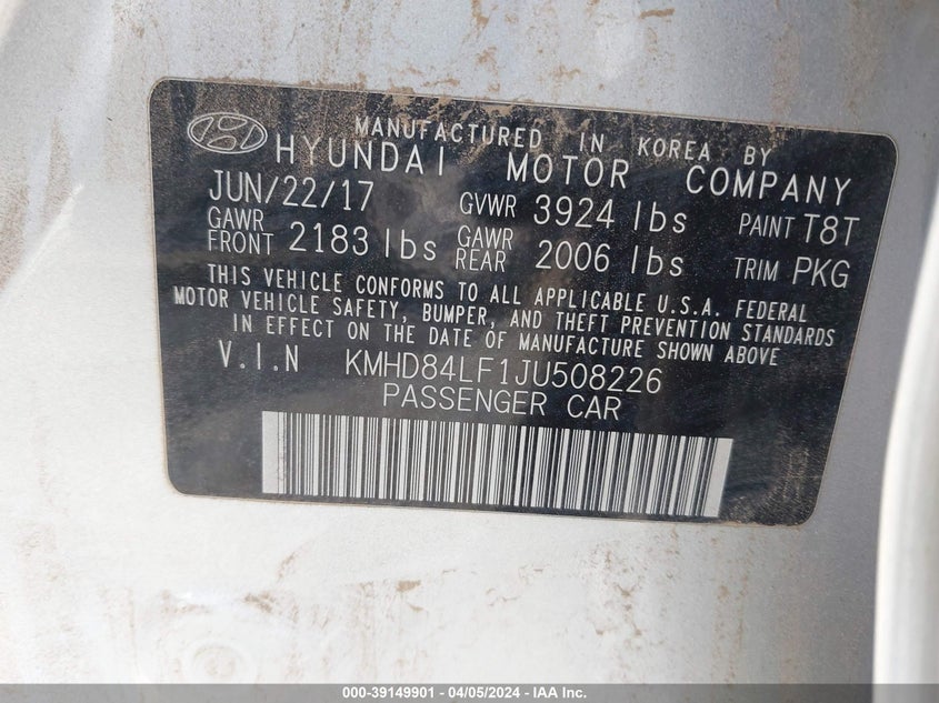 VIN KMHD84LF1JU508226 2018 HYUNDAI ELANTRA SEL