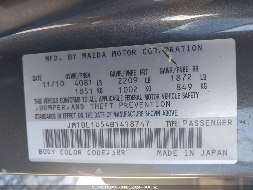 JM1BL1U54B1418747 | 2011 MAZDA MAZDA3