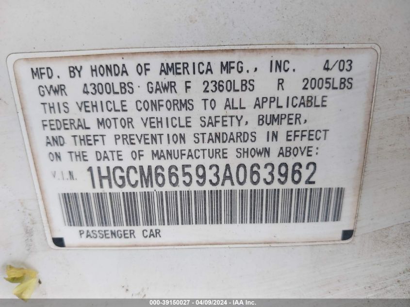 1HGCM66593A063962 | 2003 HONDA ACCORD