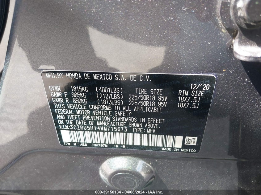 VIN 3CZRU5H14MM715673 2021 HONDA HR-V 2WD SPORT