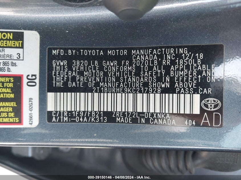 2019 TOYOTA COROLLA LE - 2T1BURHE9KC217928