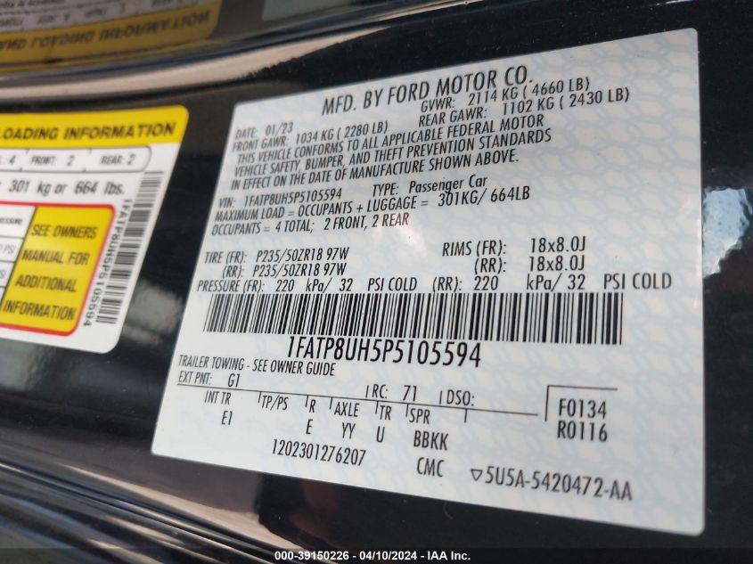 2023 Ford Mustang Ecoboost Premium VIN: 1FATP8UH5P5105594 Lot: 39150226