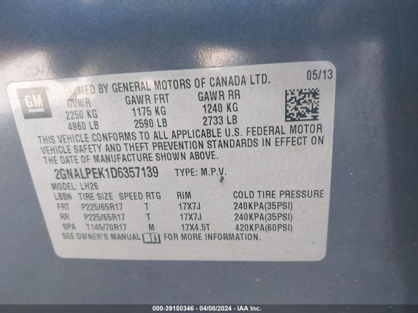 2GNALPEK1D6357139 2013 Chevrolet Equinox 2Lt