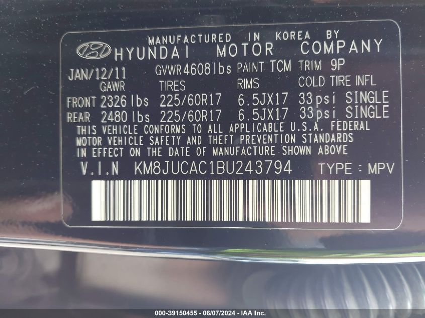 2011 Hyundai Tucson Gls VIN: KM8JUCAC1BU243794 Lot: 39150455