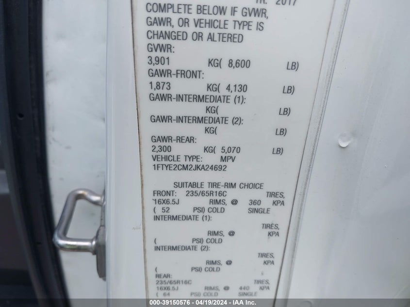 2018 Ford Transit-150 VIN: 1FTYE2CM2JKA24692 Lot: 39150576