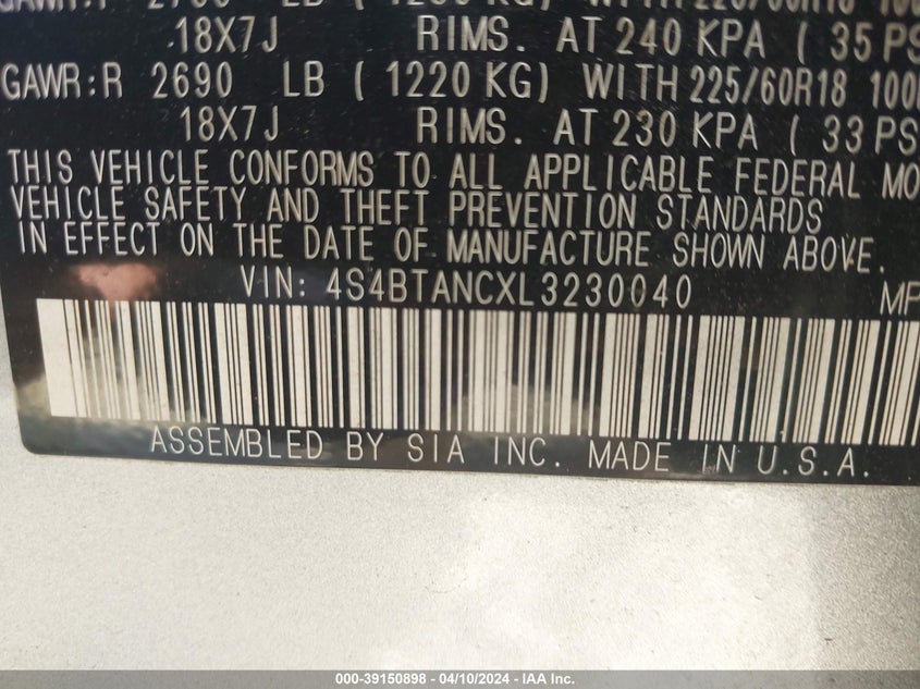 2020 SUBARU OUTBACK LIMITED - 4S4BTANCXL3230040