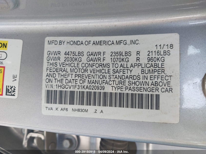 VIN 1HGCV1F31KA020939 2019 HONDA ACCORD SPORT