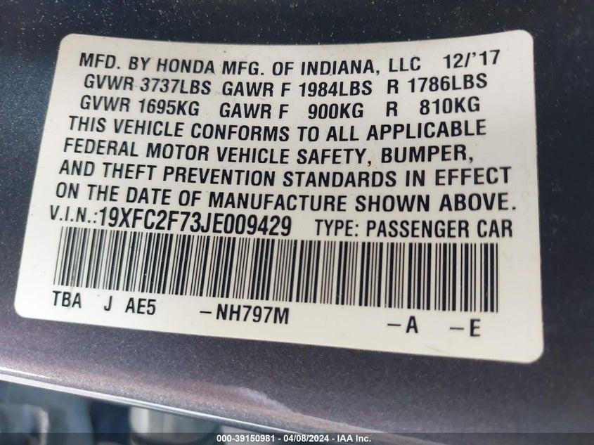 VIN 19XFC2F73JE009429 2018 HONDA CIVIC EX