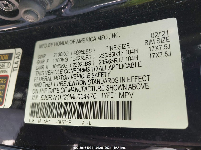 VIN 5J6RW1H20ML004470 2021 HONDA CR-V 2WD LX