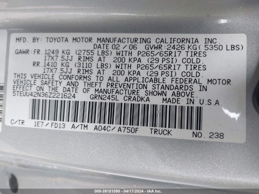 2006 Toyota Tacoma Base V6 VIN: 5TEUU42N36Z221624 Lot: 39151095