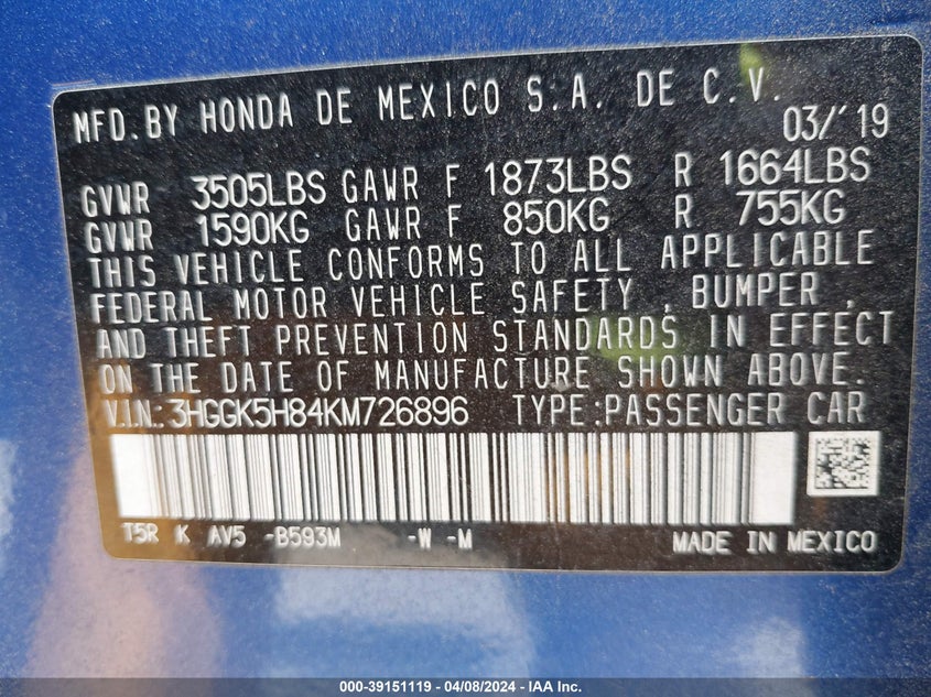 2019 HONDA FIT EX - 3HGGK5H84KM726896