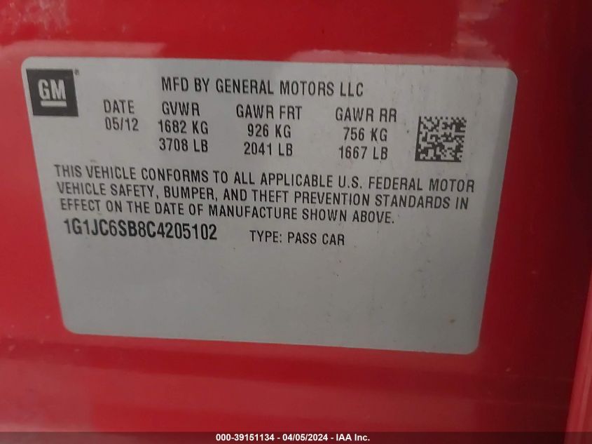 1G1JC6SB8C4205102 | 2012 CHEVROLET SONIC