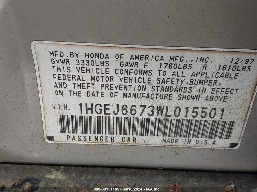 1998 Honda Civic Lx VIN: 1HGEJ6673WL015501 Lot: 39151185