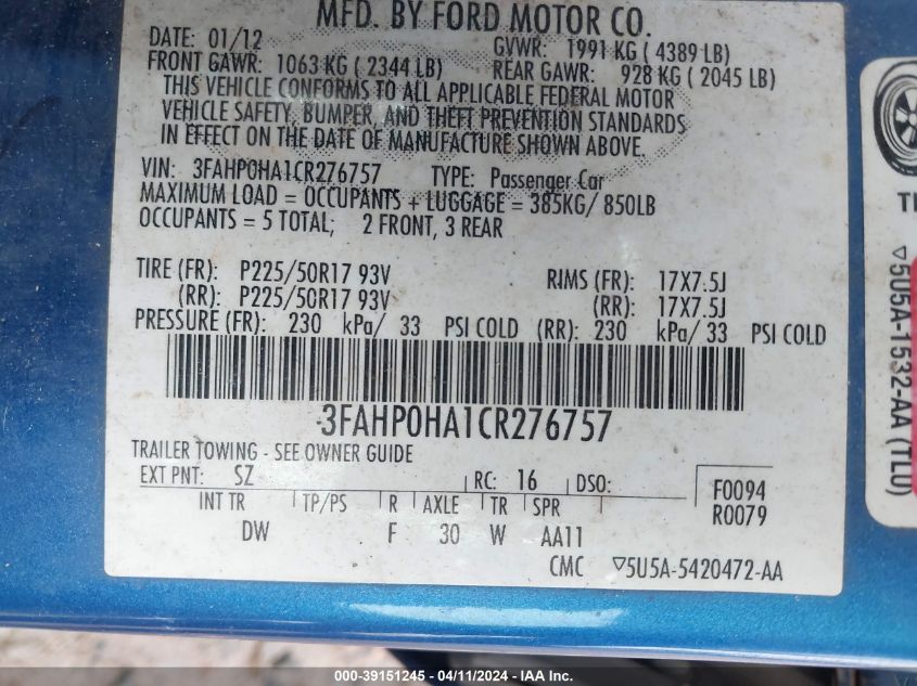 2012 Ford Fusion Se VIN: 3FAHP0HA1CR276757 Lot: 39151245