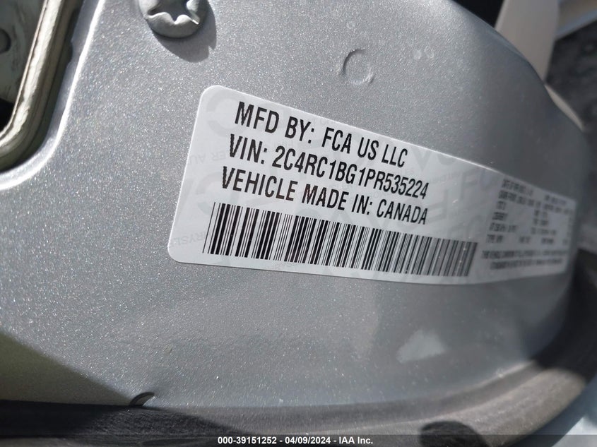 VIN 2C4RC1BG1PR535224 2023 CHRYSLER PACIFICA TOURING L