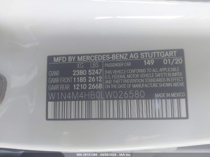 W1N4M4HB0LW026580 2020 Mercedes-Benz Glb 250 4Matic