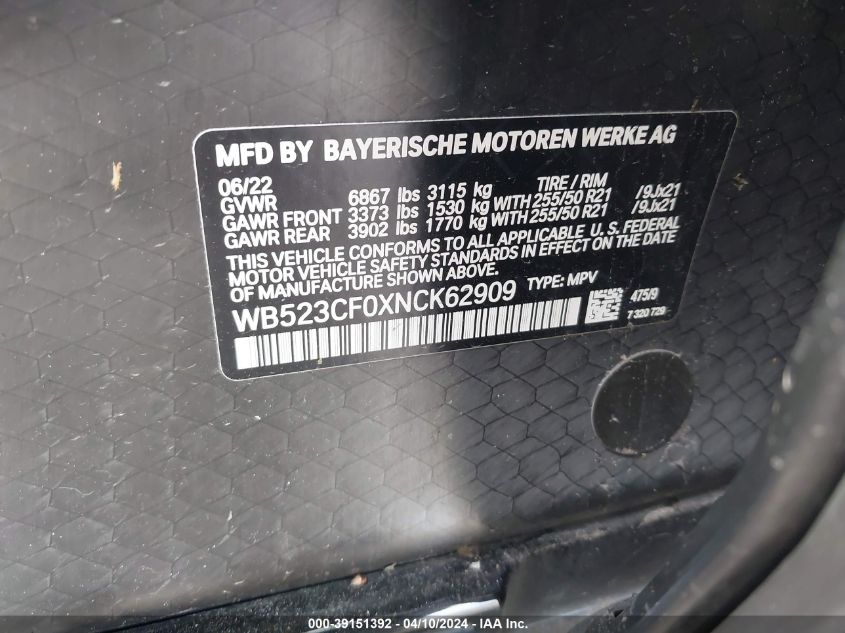 VIN WB523CF0XNCK62909 2022 BMW IX XDRIVE50