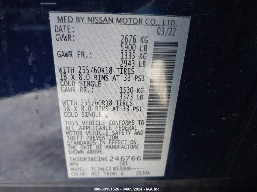 2022 NISSAN PATHFINDER SV - 5N1DR3BC1NC246766