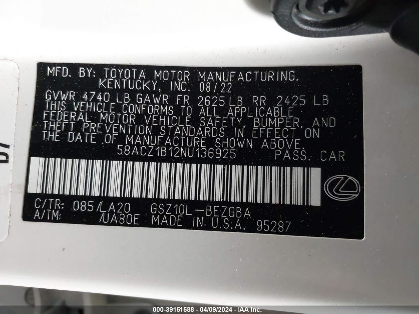 58ACZ1B12NU136925 2022 Lexus Es 350