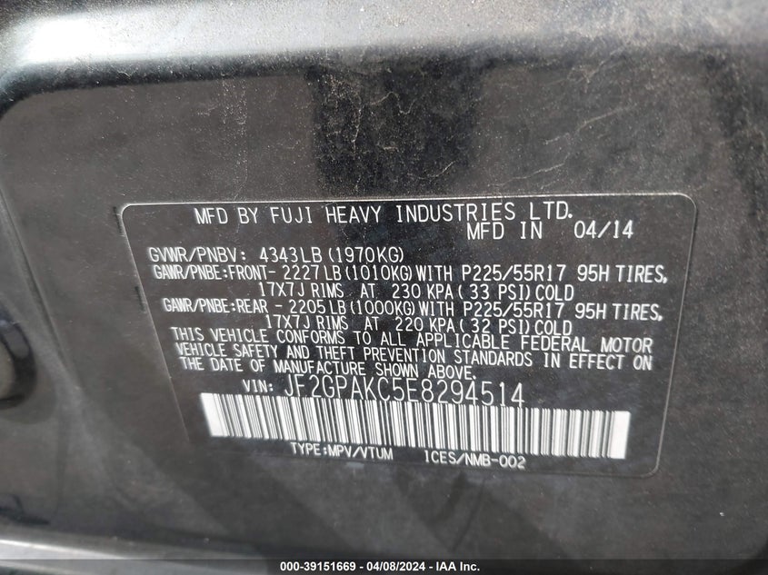 2014 SUBARU XV CROSSTREK 2.0I LIMITED - JF2GPAKC5E8294514