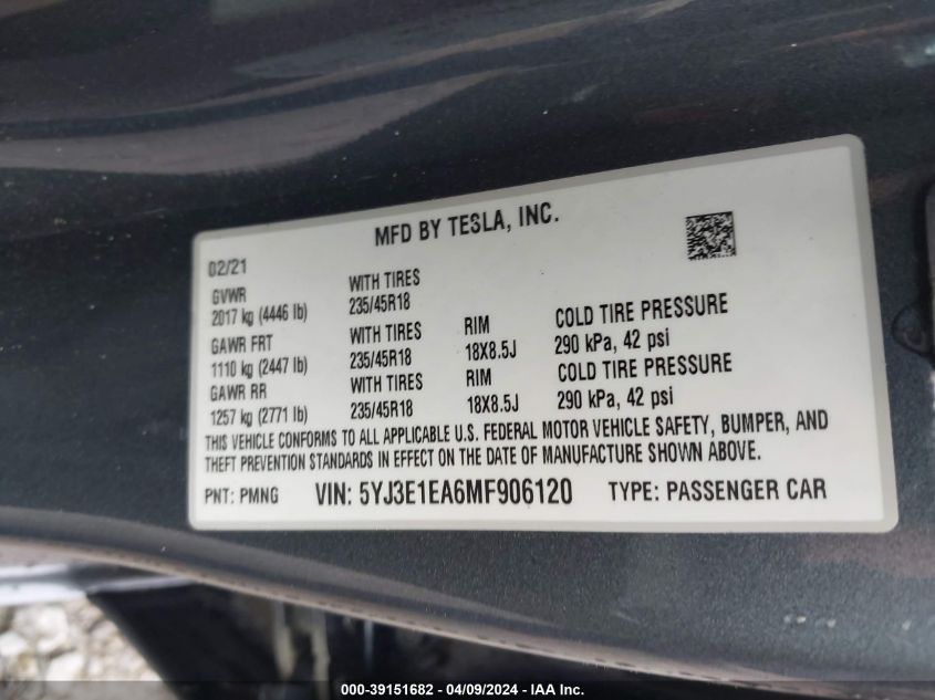 2021 Tesla Model 3 Standard Range Plus Rear-Wheel Drive VIN: 5YJ3E1EA6MF906120 Lot: 39151682