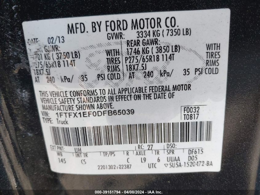 1FTFX1EF0DFB65039 | 2013 FORD F-150