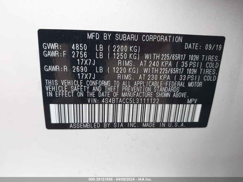 VIN 4S4BTACC5L3111122 2020 SUBARU OUTBACK PREMIUM