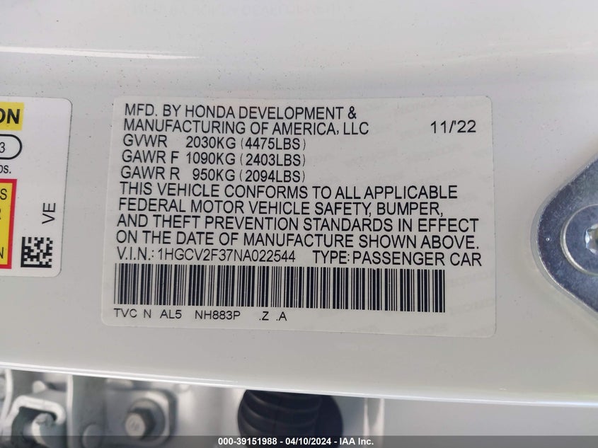 2022 HONDA ACCORD 2.0L I4   N(VIN: 1HGCV2F37NA022544