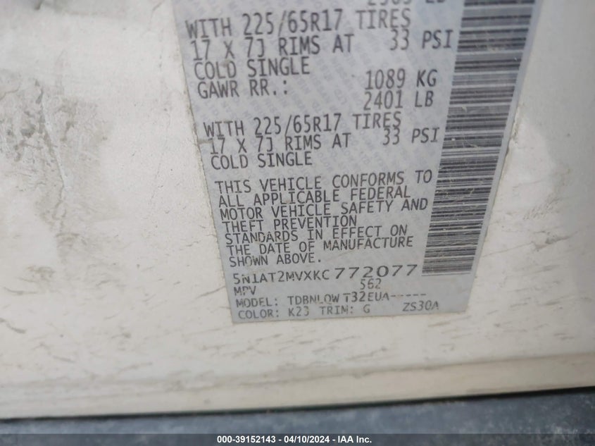 2019 NISSAN ROGUE SV - 5N1AT2MVXKC772077