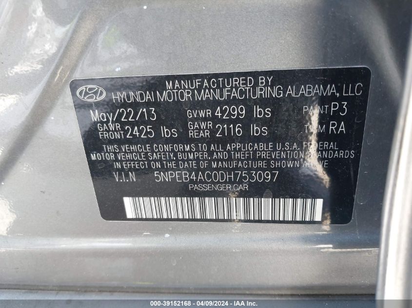 2013 HYUNDAI SONATA GLS - 5NPEB4AC0DH753097