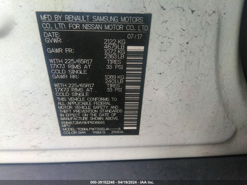 2017 Nissan Rogue S VIN: KNMAT2MV9HP606641 Lot: 39152245