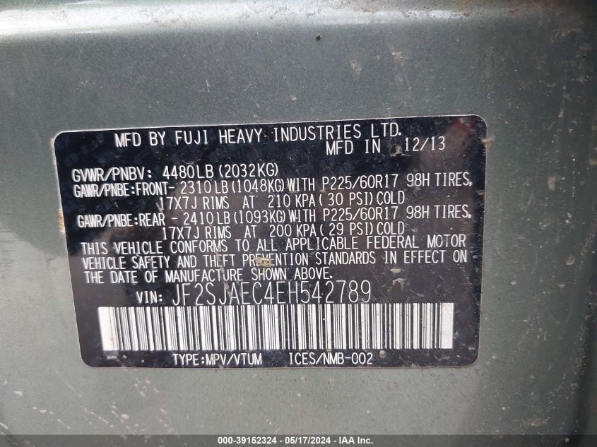 2014 Subaru Forester 2.5I Premium VIN: JF2SJAEC4EH542789 Lot: 39152324