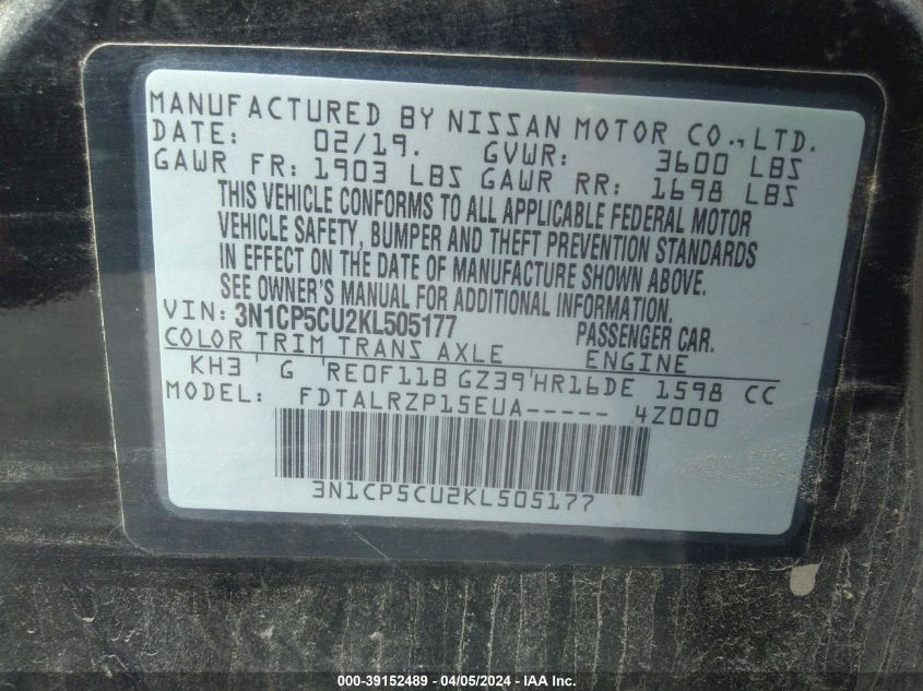 3N1CP5CU2KL505177 2019 Nissan Kicks S